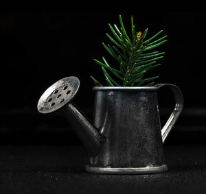 Close-up of tea cup on table against black background