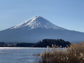 Scenic view of snowcapped mountains against clear sky