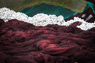 High angle view of multi colored fishing nets 