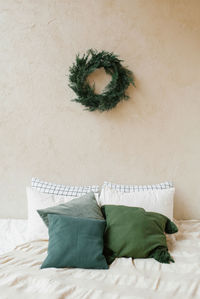 Bright, stylish and cozy scandinavian bedroom. new year's winter home interior decor