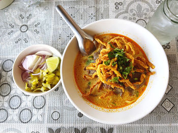 High angle view of soup in bowl on table