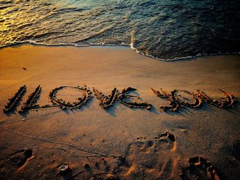 High angle view of text on sand at beach