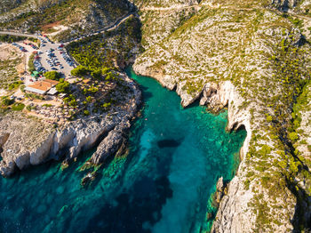 Aerial view of rock formation in sea