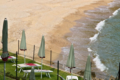 High angle view of parasols on beach