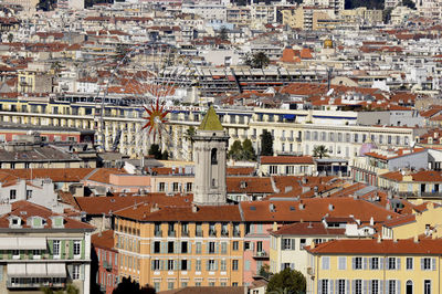 High angle view of buildings in city