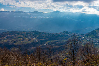 Aerial view of landscape and mountains against sky