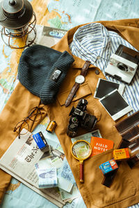 High angle view of hat on table