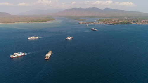 High angle view of boats in sea