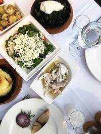 High angle view of food served on table