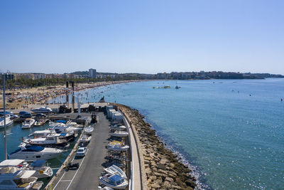 High angle view of sea against clear blue sky