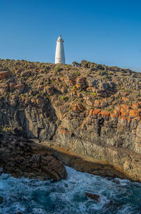 Lighthouse on rock by building against sky
