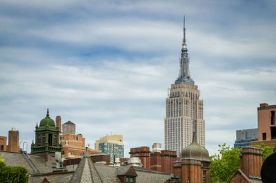 Skyscrapers in city against cloudy sky