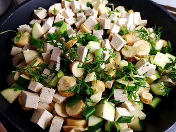 High angle view of chopped vegetables in plate