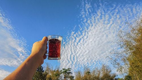 Hand holding glass of water against blue sky