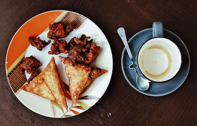 High angle view of breakfast served on table