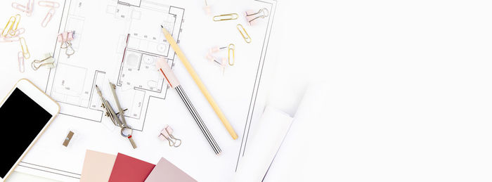 High angle view of pencils against white background