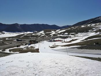 Scenic view of snowcapped mountains against clear sky