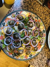 High angle view of meal served on table