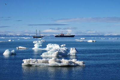 Ship sailing in sea against blue sky