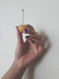 Close-up of hand holding ring over white background
