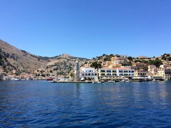 Scenic view of river by town against clear blue sky