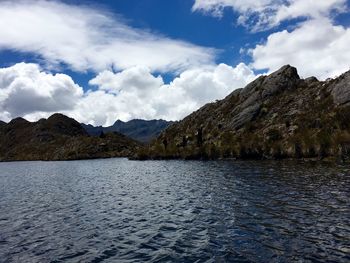 Scenic view of lake and mountains against sky