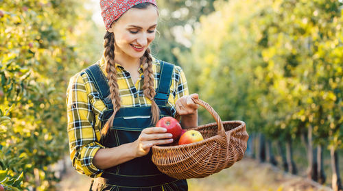 Smiling woman harvesting apples