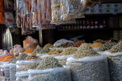 Close-up of dried fish for sale in market