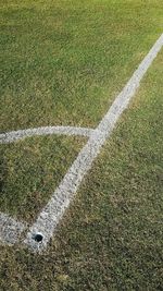 High angle view of a corner of soccer field