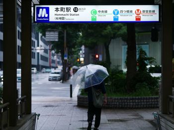 Rear view of woman with umbrella walking on street