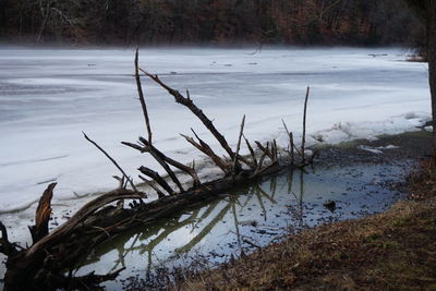 Frozen lake against sky during winter