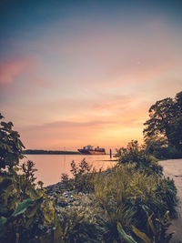 Scenic view of sea against orange sky