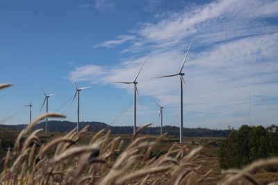 Wind turbines on field against sky