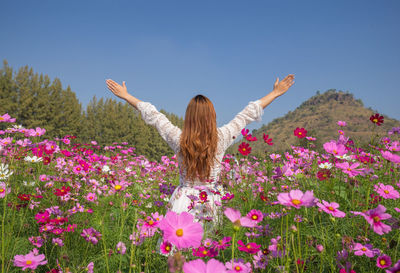 Rear view of woman with pink flowers on field against sky