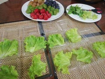 High angle view of chopped vegetables on table