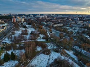 High angle view of buildings against sky during winter