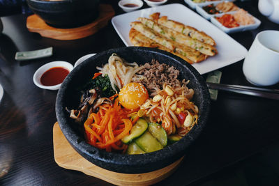 High angle view of food served on table