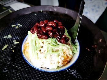 High angle view of breakfast served on table
