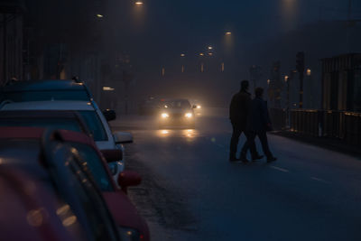 Rear view of people on illuminated street at night