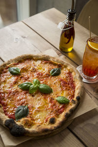 High angle view of pizza on table