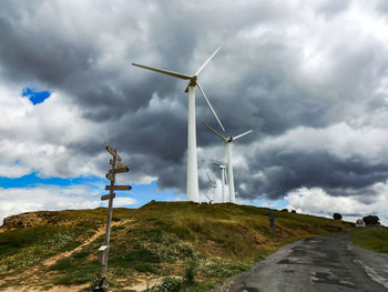Windmill on field against sky