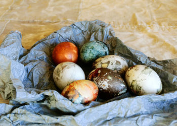 Still life with a group of colored eggs, the concept of celebrating easter