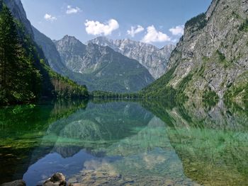 Scenic view of lake and mountains against sky