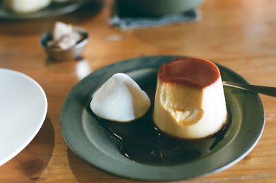 High angle view of breakfast served on table