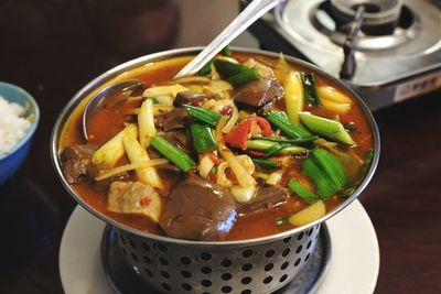 High angle view of soup in bowl