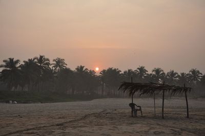 Gazebo by silhouette palm trees on field against sky during sunrise