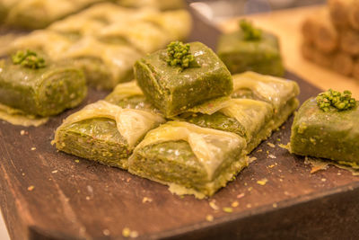 Close-up of served food on cutting board