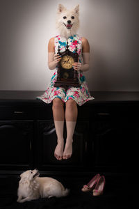 Digital composite image of woman with dog face holding clock while sitting on cabinet against wall