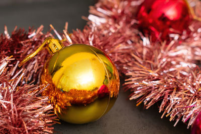 Close-up of christmas decorations on table