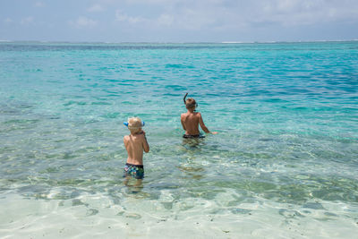 Rear view of shirtless friends snorkeling in sea